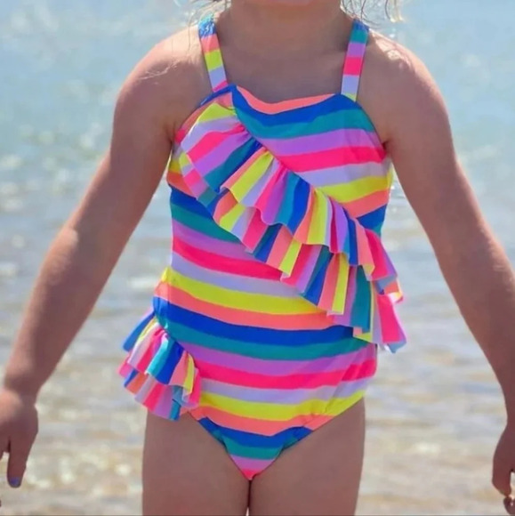 NWT Cat & Jack Baby Girl's Bright Rainbow Stripes 1 PC Swimsuit 12M - Picture 1 of 5